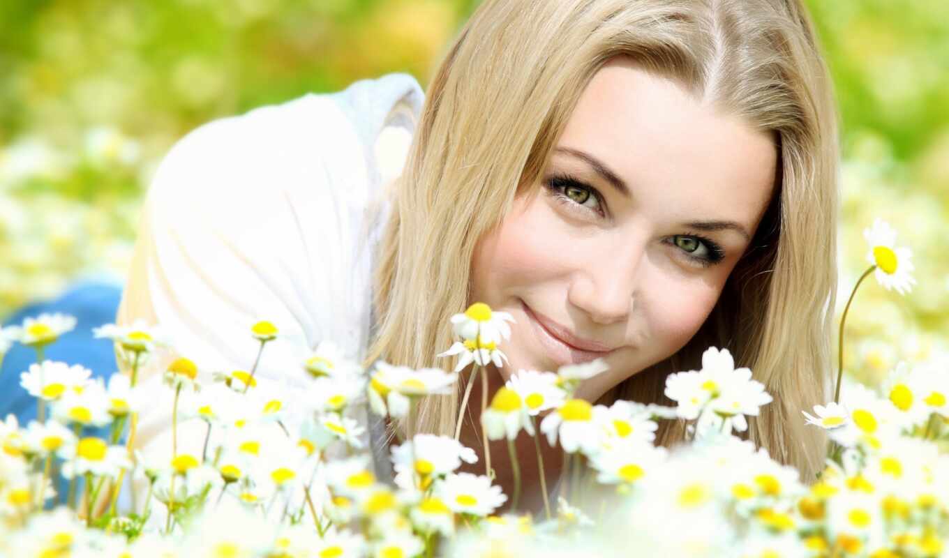 girl, face, field, smile, mood, daisies, blue eyes