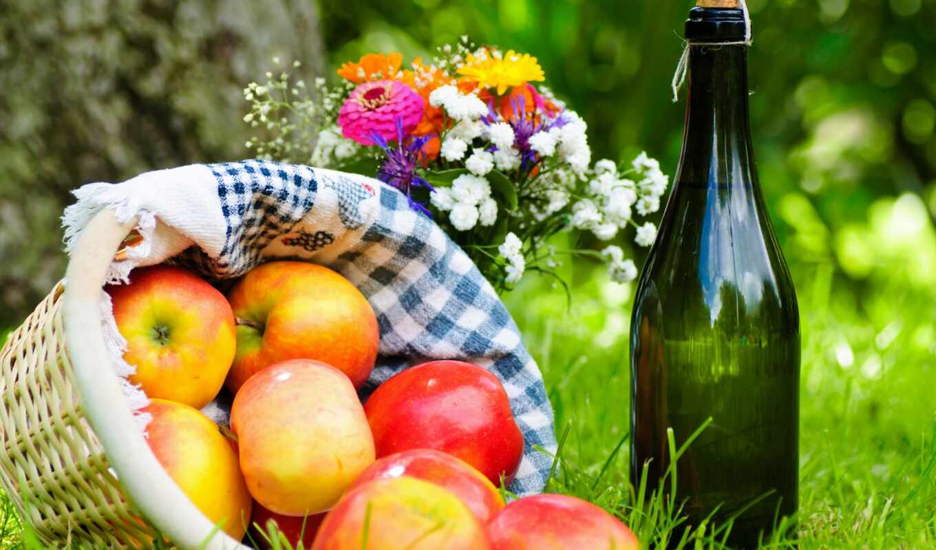 цветы, яблоки, бутылка, пикник, almat