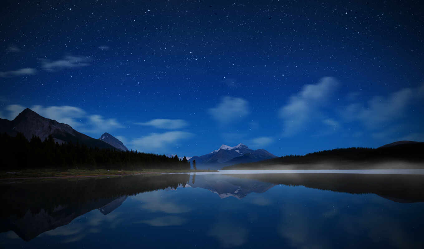 горы, озеро, небо, wallpaper, hd, ipad, ночь, вода, звезды, канада, парк, джаспер