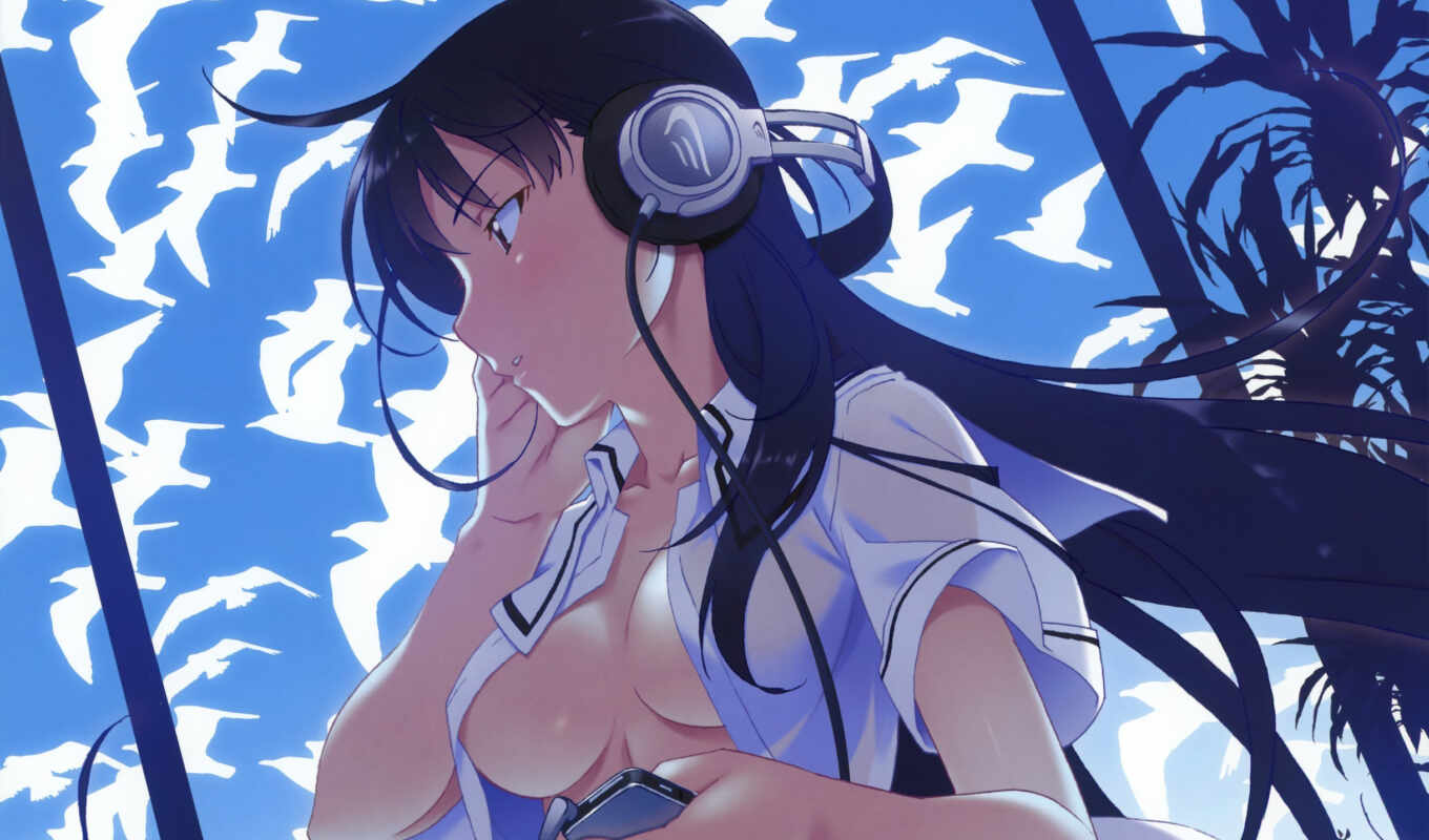 girl, breast, shirt, unusual, headphone