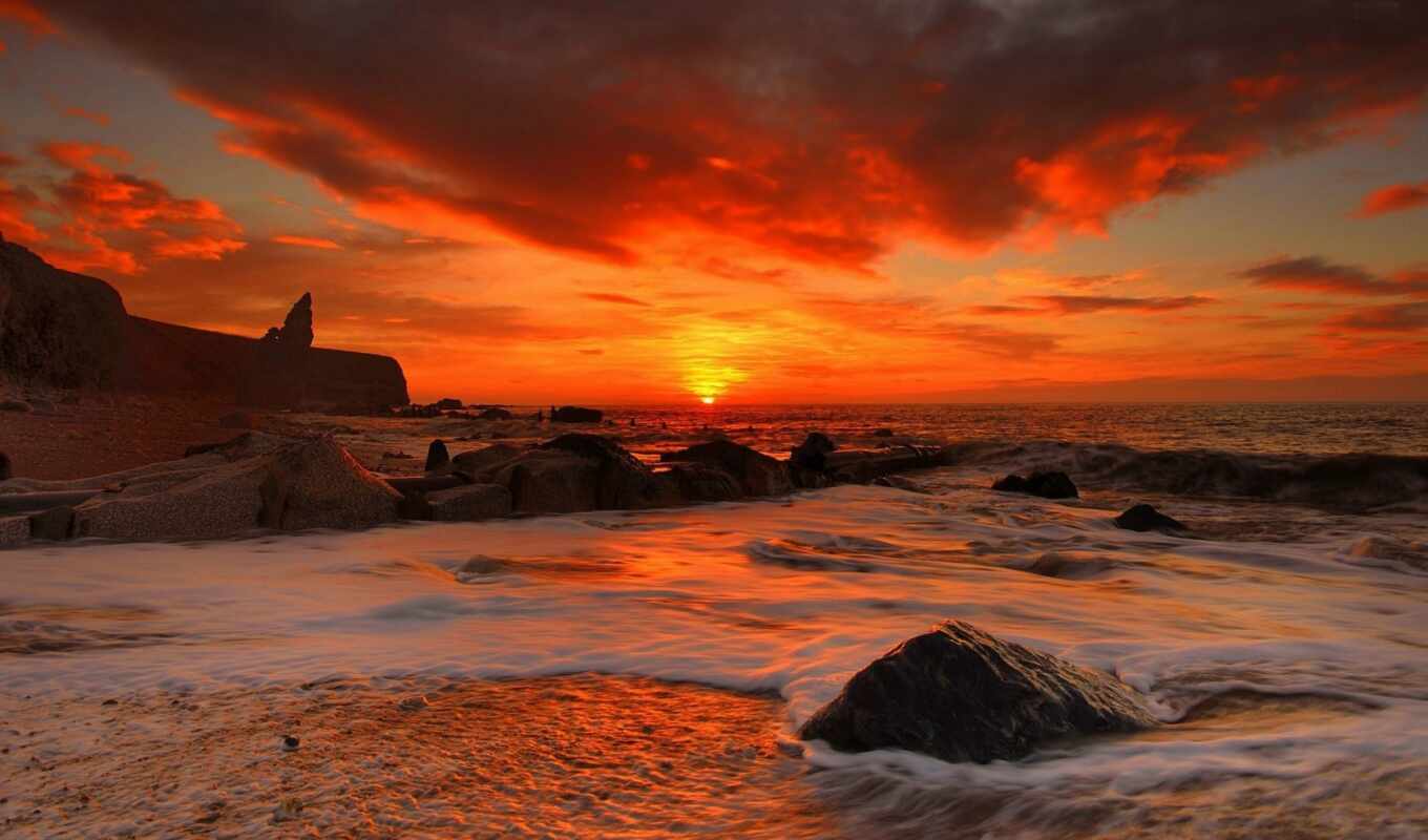 sky, desktop, red, sunset, beach, ocean, the first, rocky