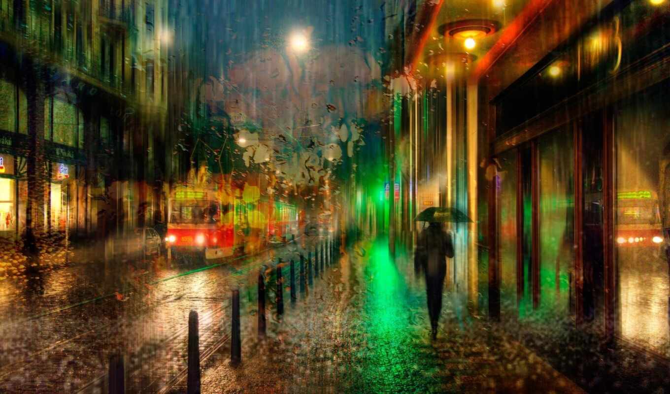 rain, city, night, street, autumn, tram, prague