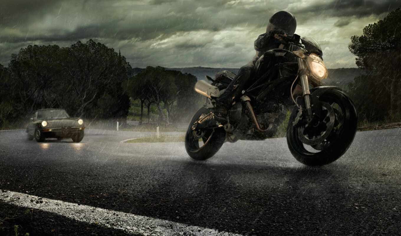 мотоцикл, дождь, car, мотоциклист, оставить, chase, ducatus