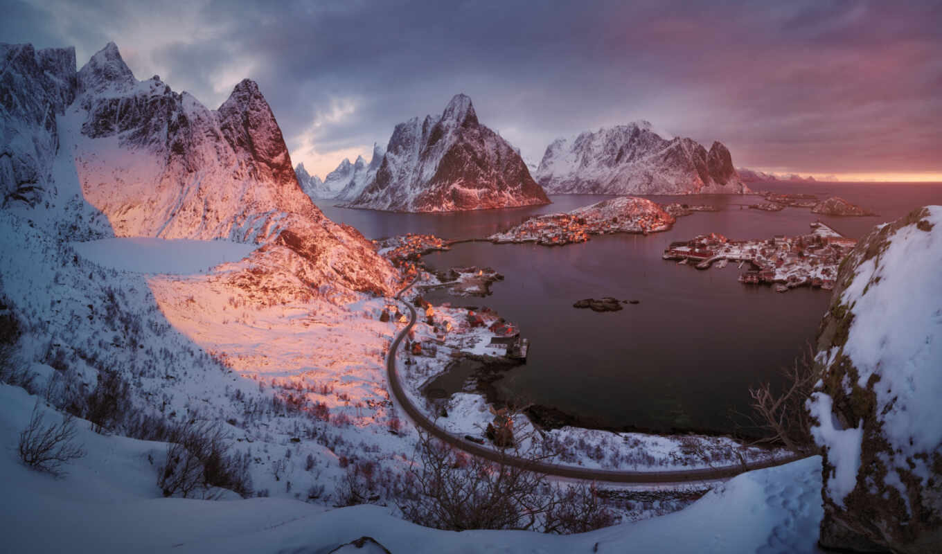 winter, mountain, landscape, island, cloud, Norway, fjord, Lofoten islands