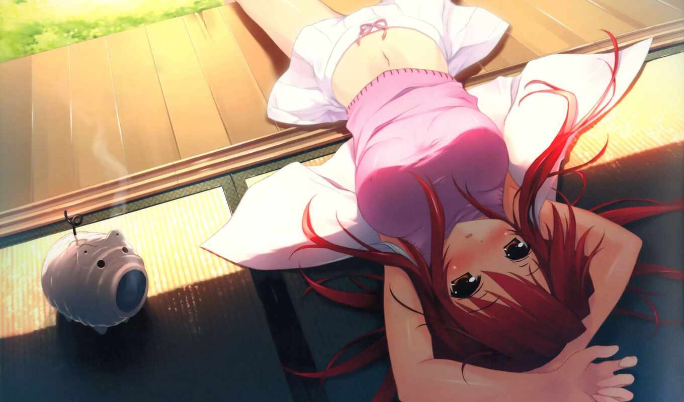 девушка, картинка, anime, hair, юбка, тень, отдыхает, kantoku