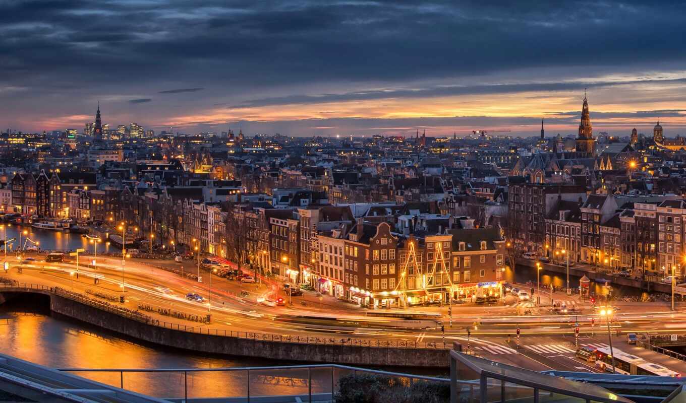 picture, zero, city, night, sunrise, building, Amsterdam, river, expensive, holland