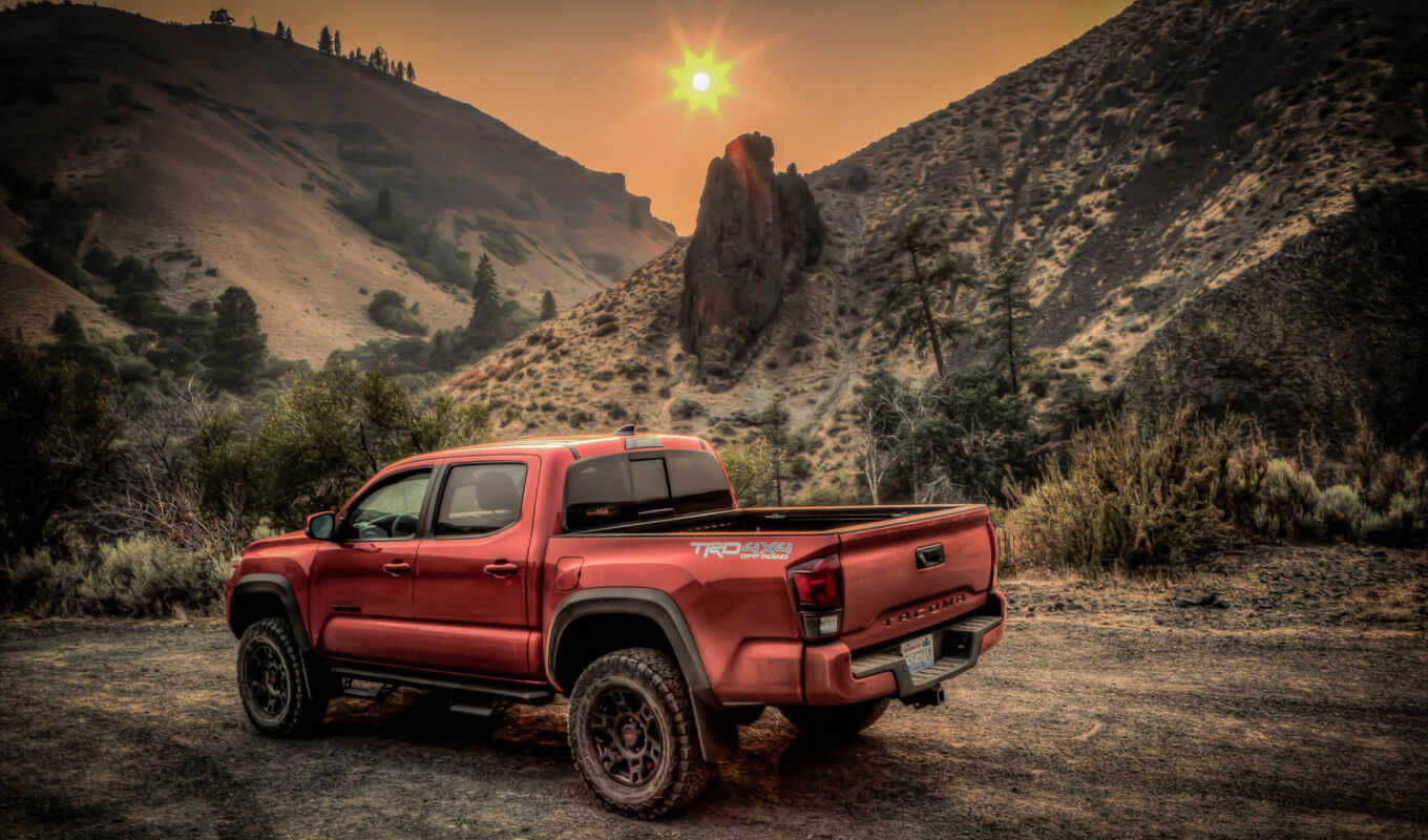 view, red, sunset, mountain, car, toyo, truck, decal, rear, peak, tacoma