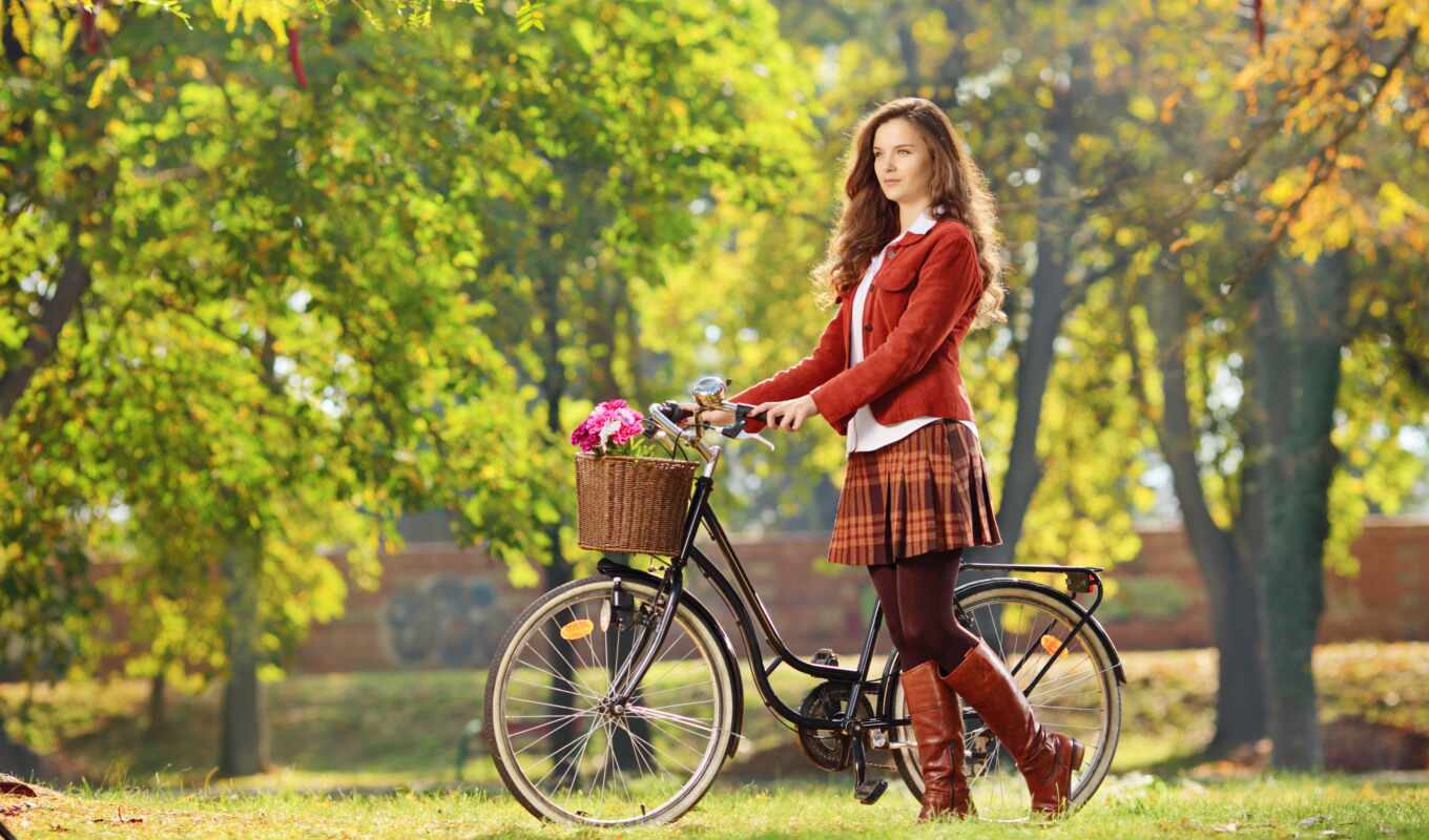 девушка, осень, велосипед