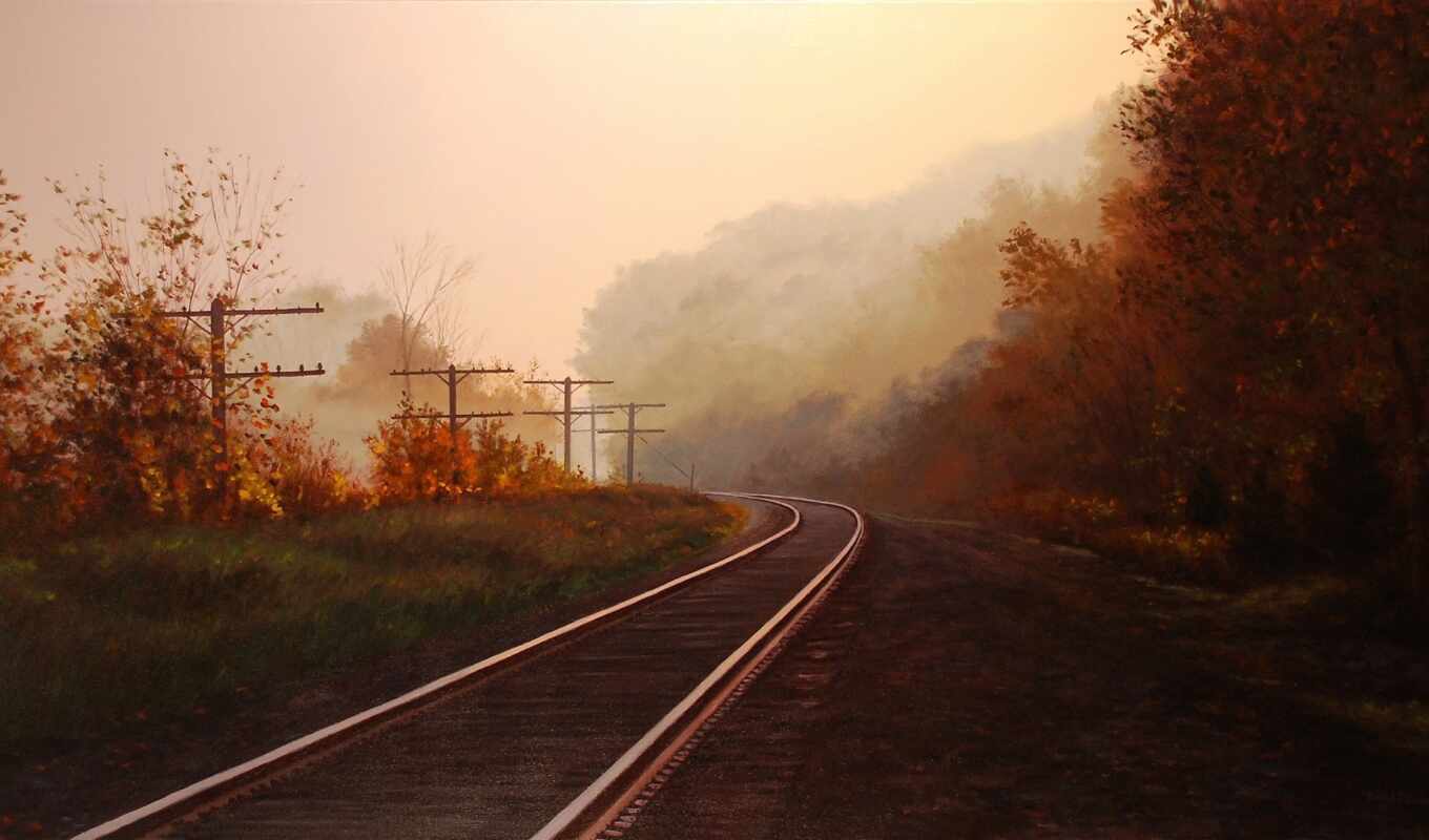 nature, forest, road, autumn, morning, trees, fog, iron, rails