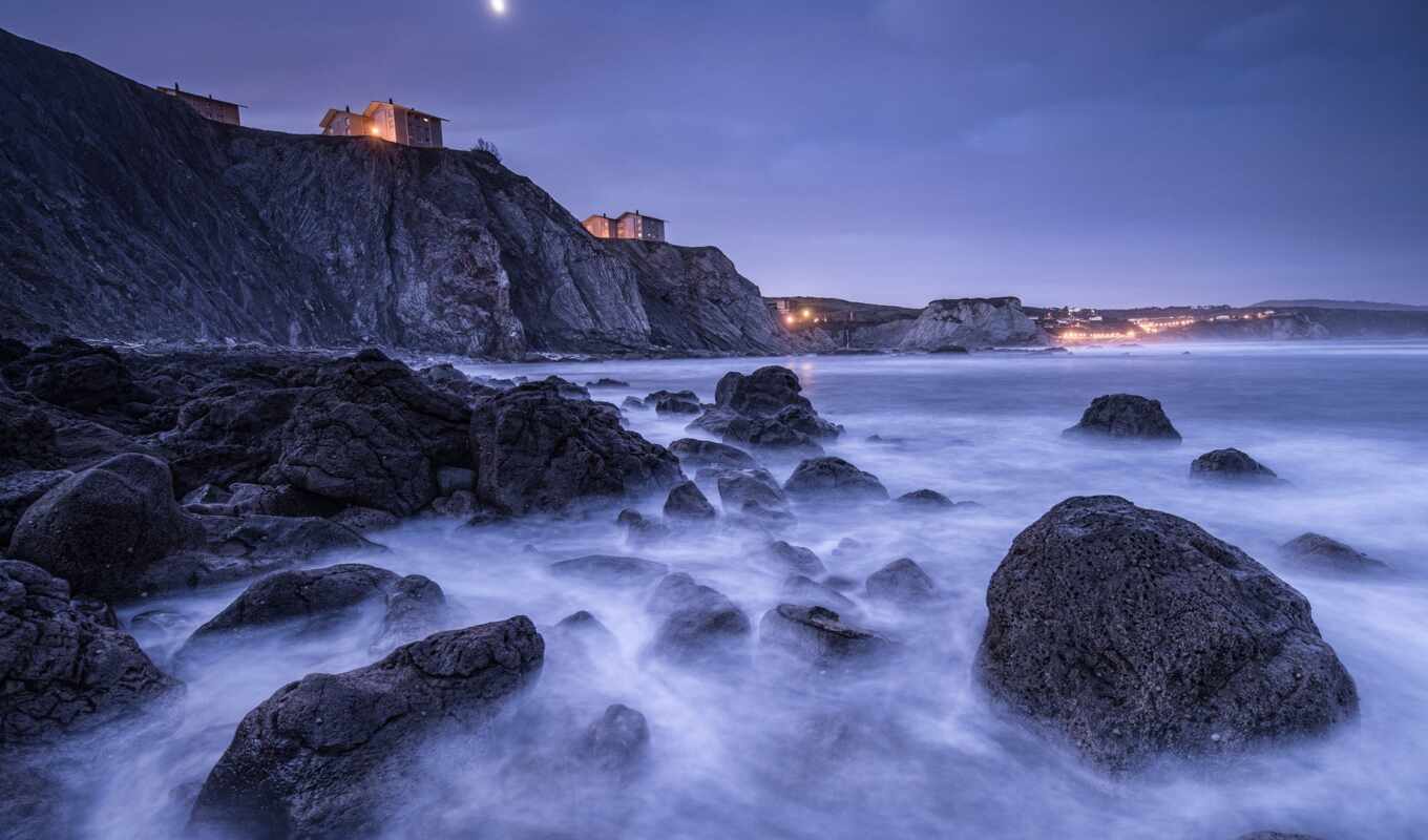 night, moon, lights, coast, Spain, bay, houses, stones, rocks, cookies