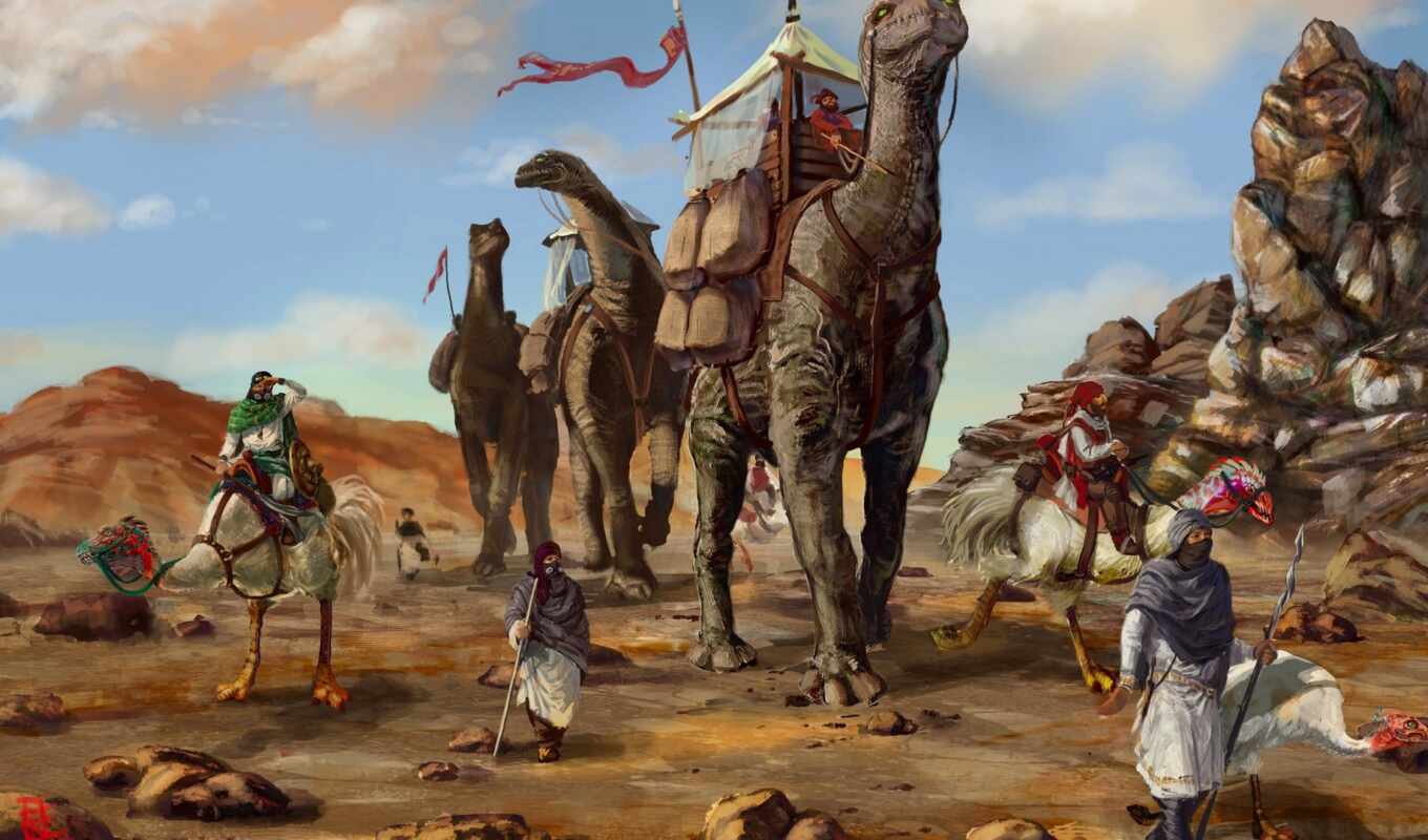 art, краска, песок, динозавр, fantasy, caravan, пустыня, camel