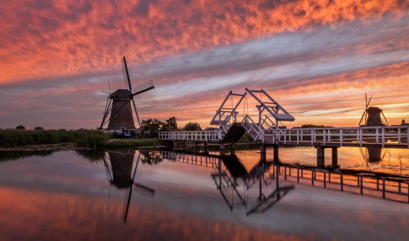 photo, sunset, Bridge, Netherlands, res, mill, holland, windmill, mill, wind