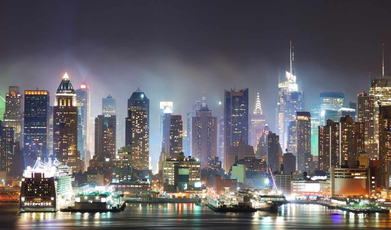 new, city, night, lights, york