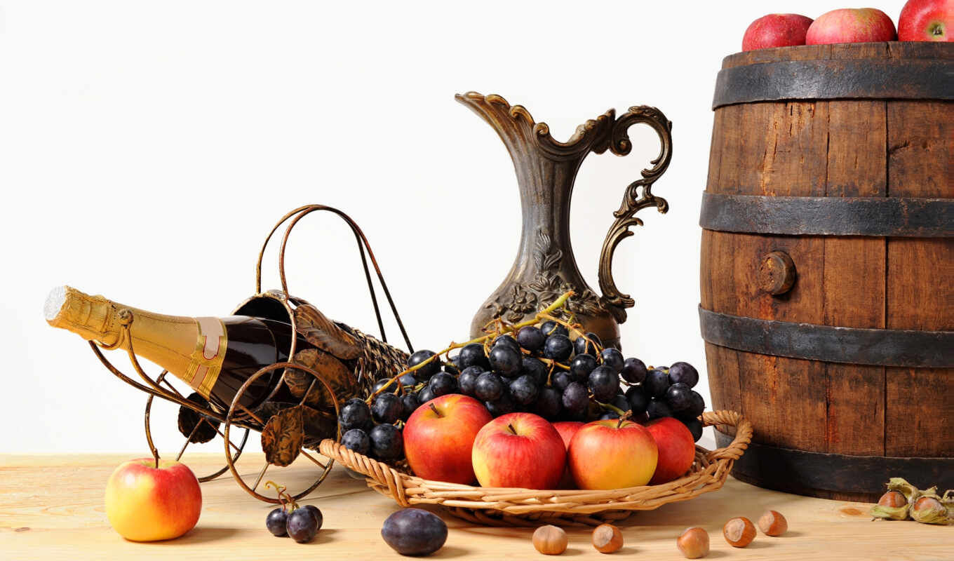 картинка, фрукты, виноград, яблоки, орехи, шампанское, кувшин, корзинка, бочонок