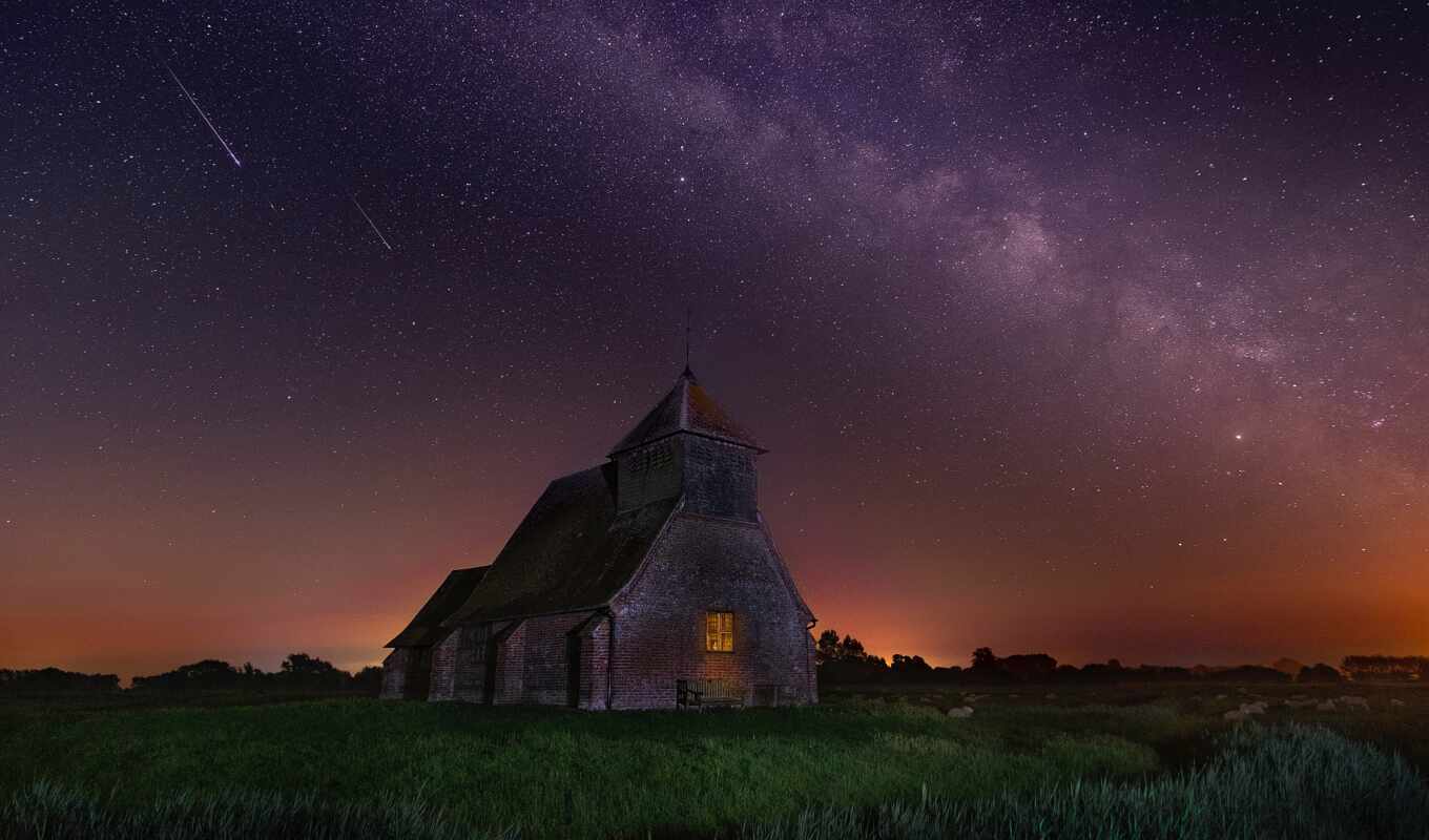 небо, ночь, star, church, croft