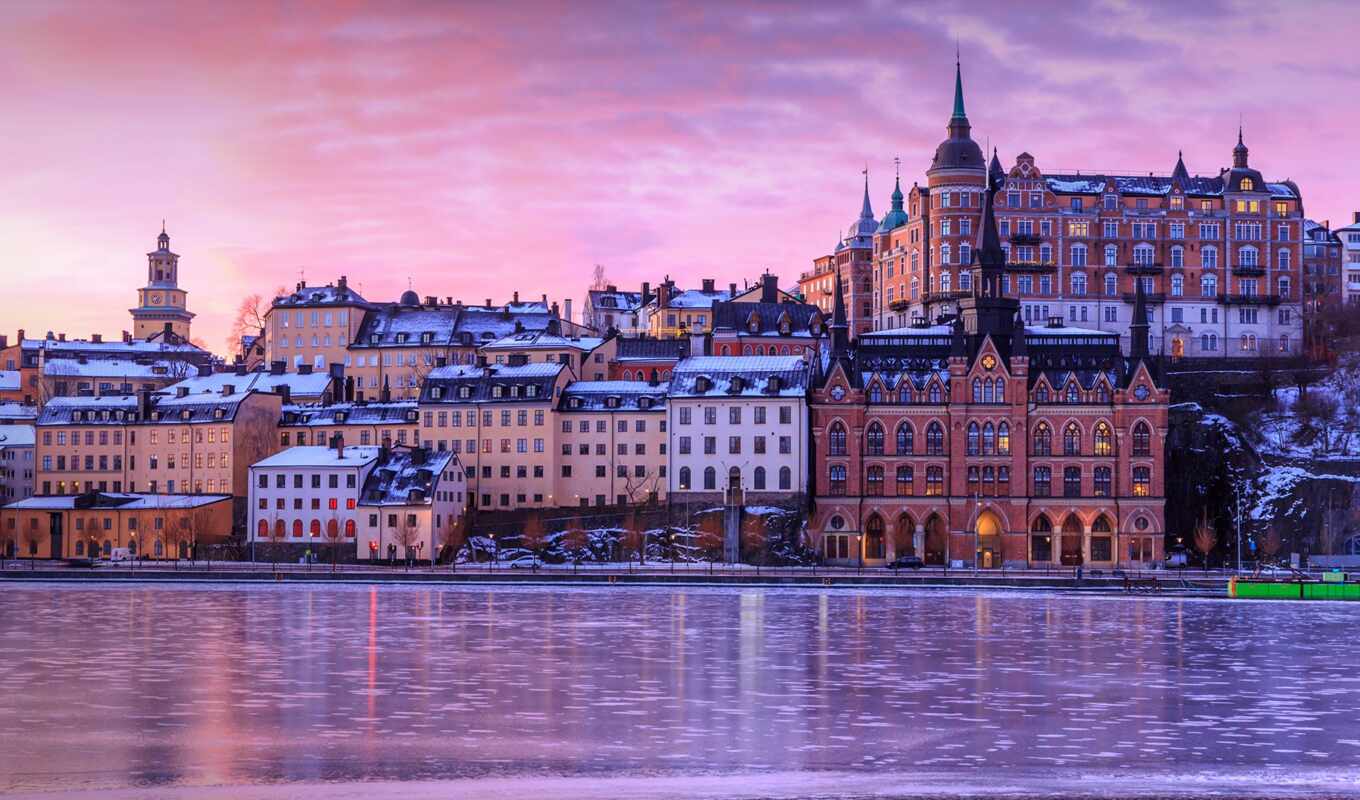озеро, закат, winter, build, sweden, freeze, stockholm