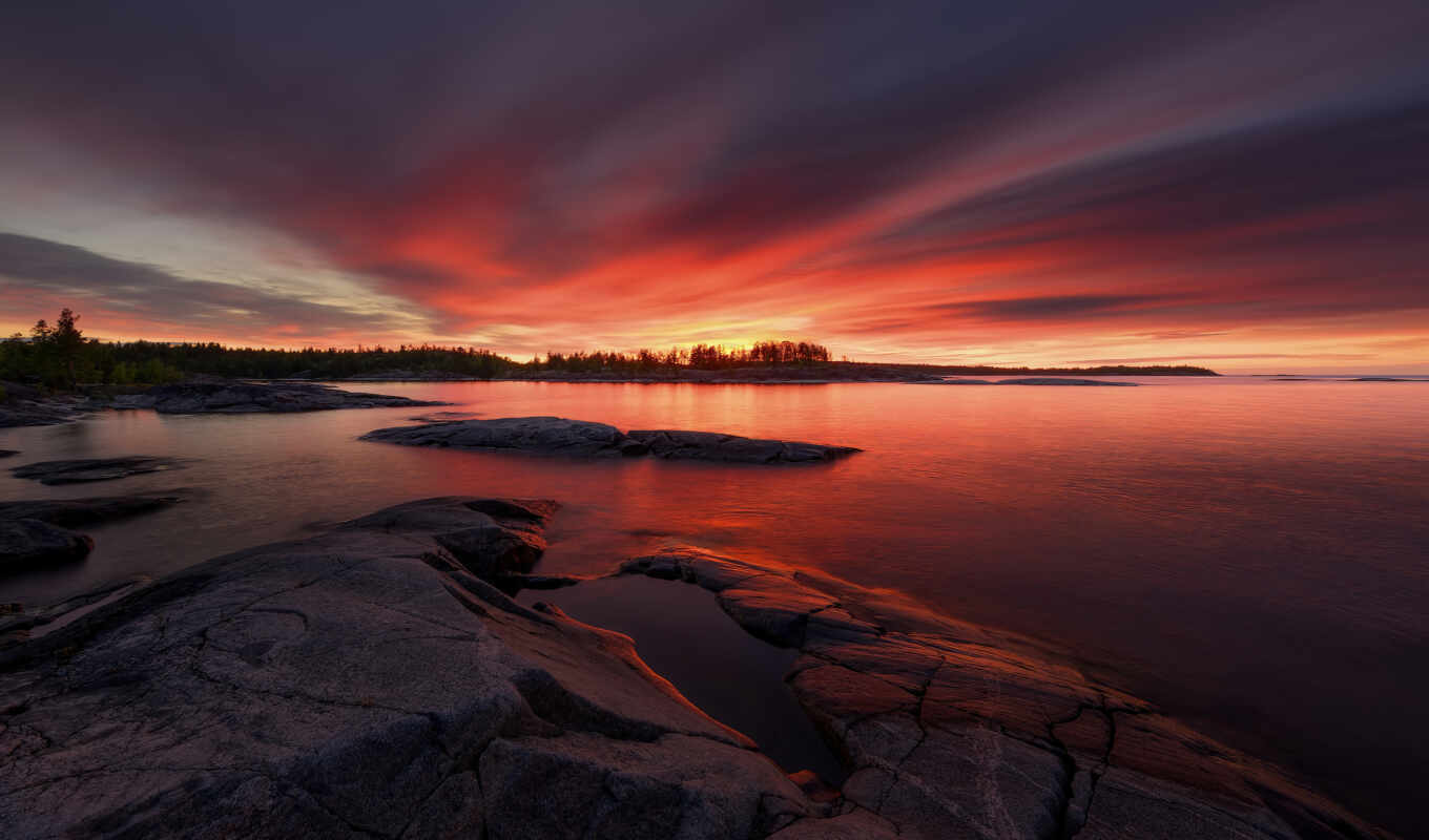 lake, nature, sky, stone, landscape, morning, flash, lado, Ladoga, shhery