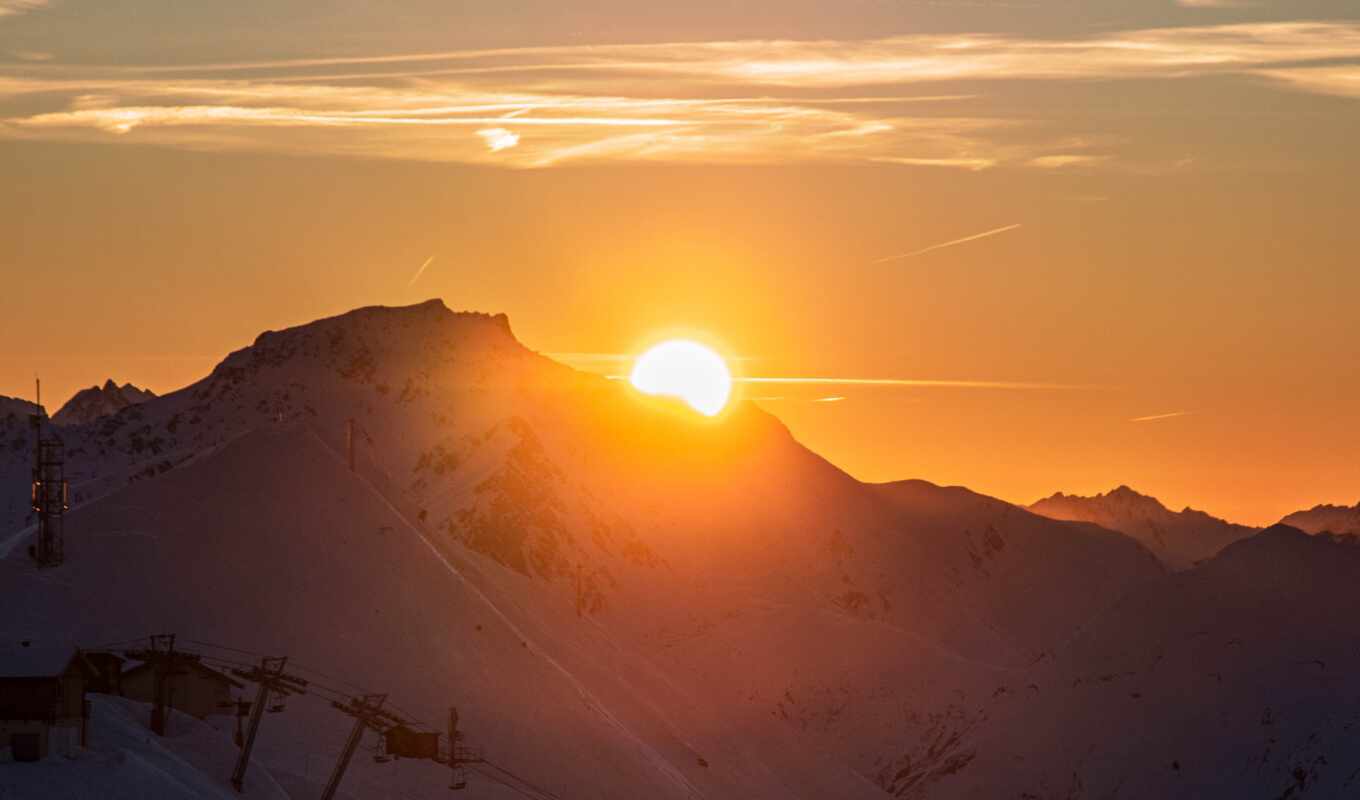 sun, sunset, snow, mountain, landscape