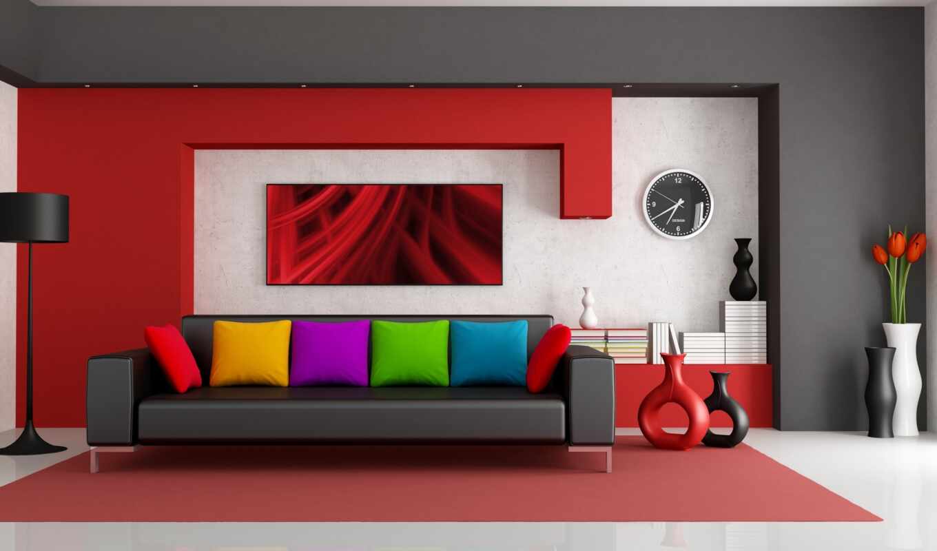 room, design, sofa, pillows, interior, bright, vases, interior