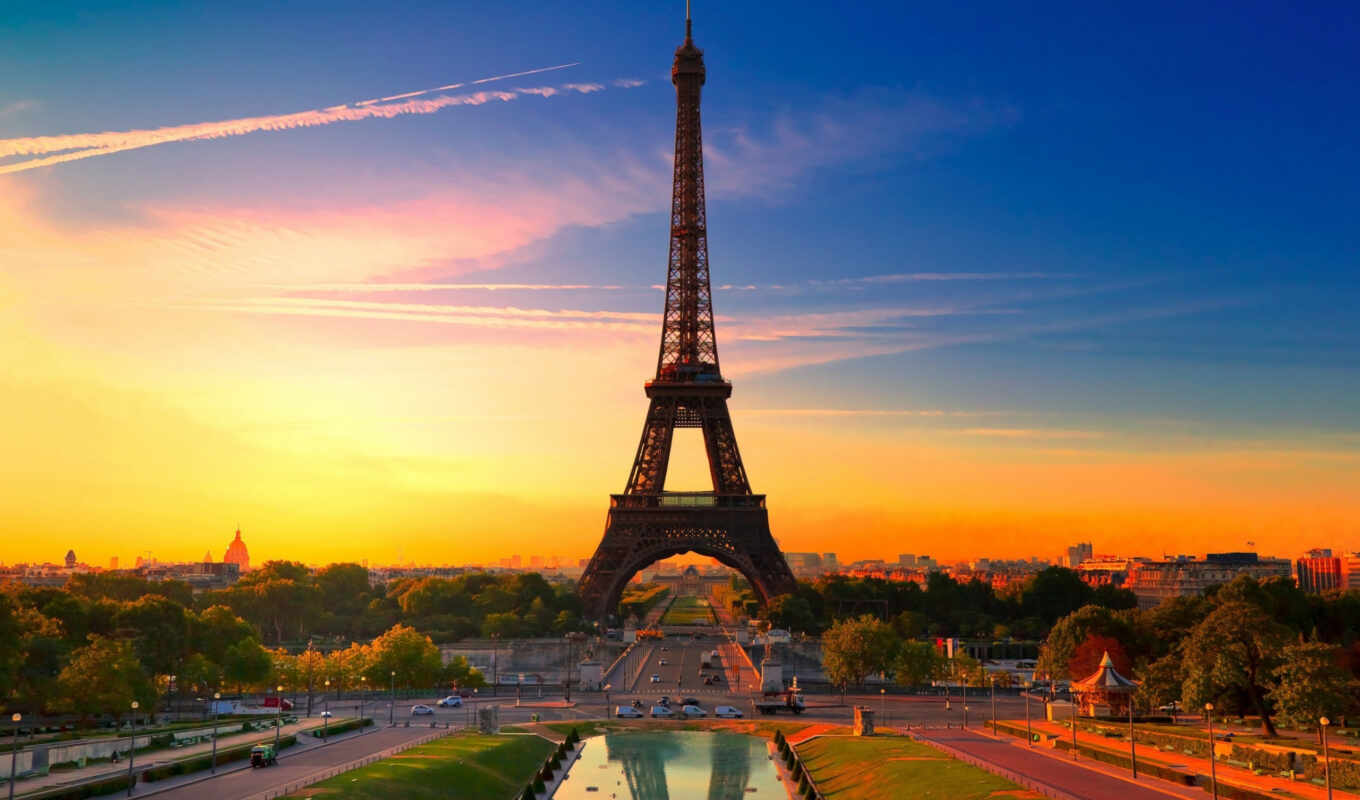 sunset, France, Eiffel, tower