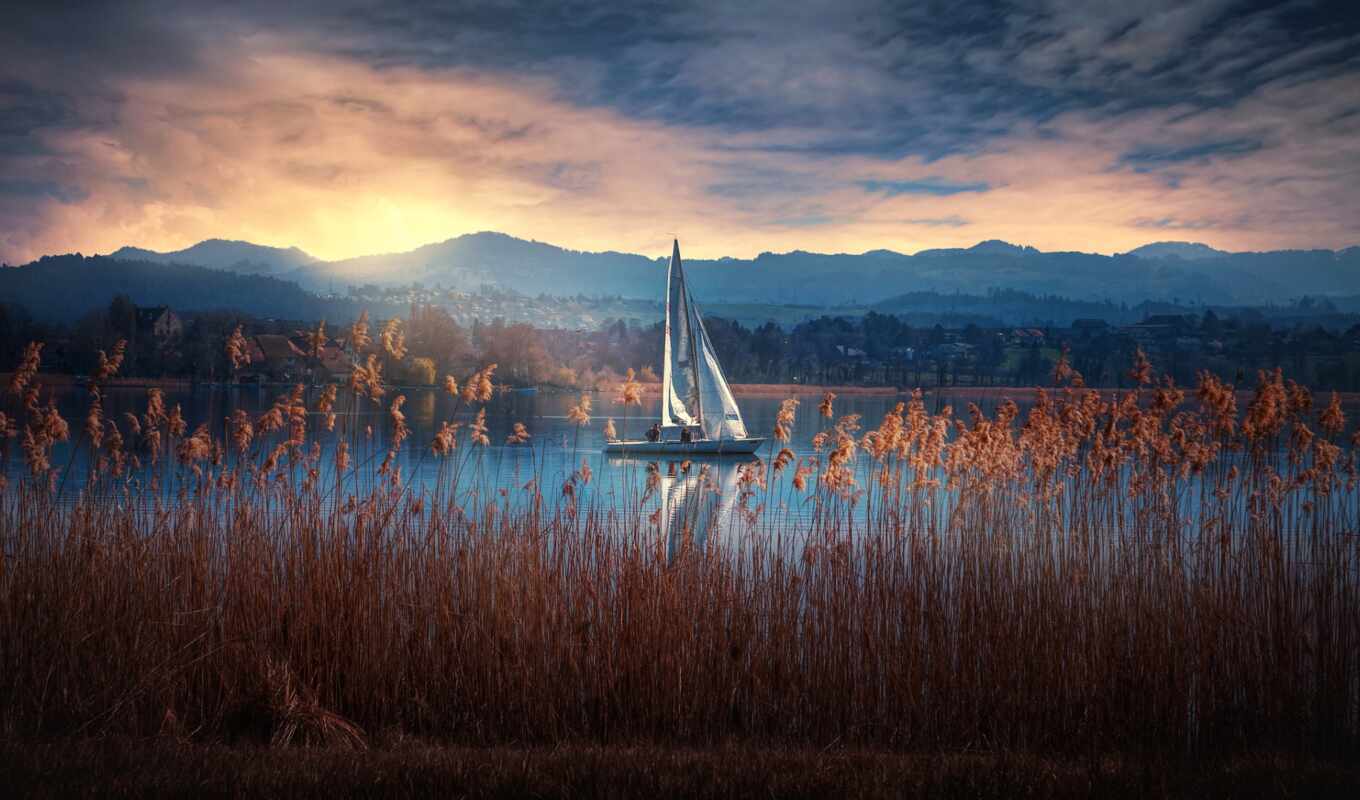 lake, nature, man, good, water, mountain, a boat, reed, sailboat, zhoran