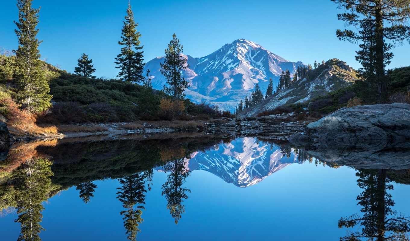 lake, mountain, california, heart, reflection, mount, shasta, California, shastyi