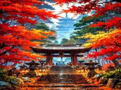 картина пагоды, окруженной деревьями и скалами