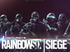 радуга и логотип осады с группой солдат в полном снаряжении