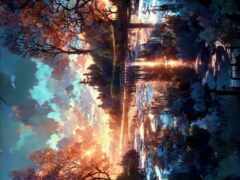 аниме-сценарий заката с деревом и озером