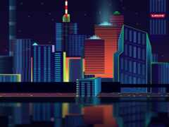 ночной городской пейзаж с небоскребами и неоновым светом