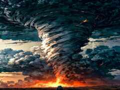 закрытие облака торнадо с человеком на доске для серфинга