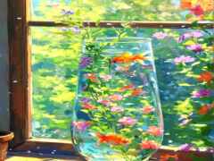 в ней есть ваза с цветами и рыбой, сидящая на подоконнике