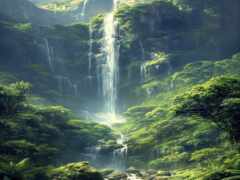 водопад в джунглях с лодкой в воде