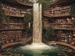 арафированный вид на водопад в библиотеке с книжными полками
