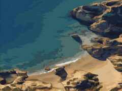 есть картина пляжа с камнями и водой