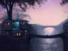 ночная сцена моста через реку с парой человек