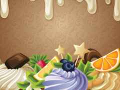 на ней есть кекс со взбитыми сливками и фруктами