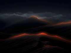 горы с оранжевыми линиями в темном небе ночью