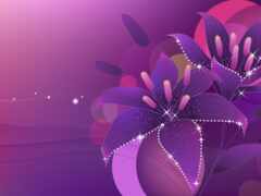 фиолетовые цветы с искрами в вазе на фиолетовом фоне