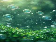 пузыри, плавающие в воздухе над зеленым кустом с голубым небом