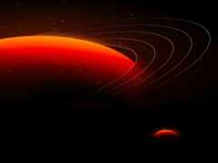 закрытие красной планеты с кольцом сатурна на заднем плане