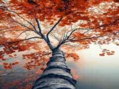 дерево с апельсиновыми листьями осенью