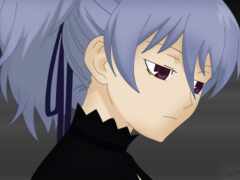 персонаж аниме с синими волосами и фиолетовыми глазами, глядя на что-то