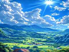 аниме пейзаж долины с горой и деревней