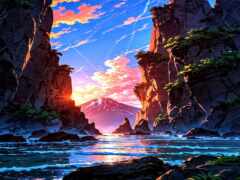 картина горы с рекой на переднем плане