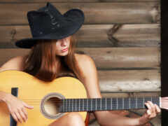 девушка, гитаре, играет