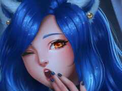 аниме девушка с голубыми волосами и рогами с красными глазами и ногтями