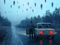 в воздухе над автомобилем летает множество объектов