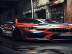bmw m8 купе с красной и синей краской