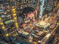 девушка смотрит на печатную плату с выходящей из нее молнией